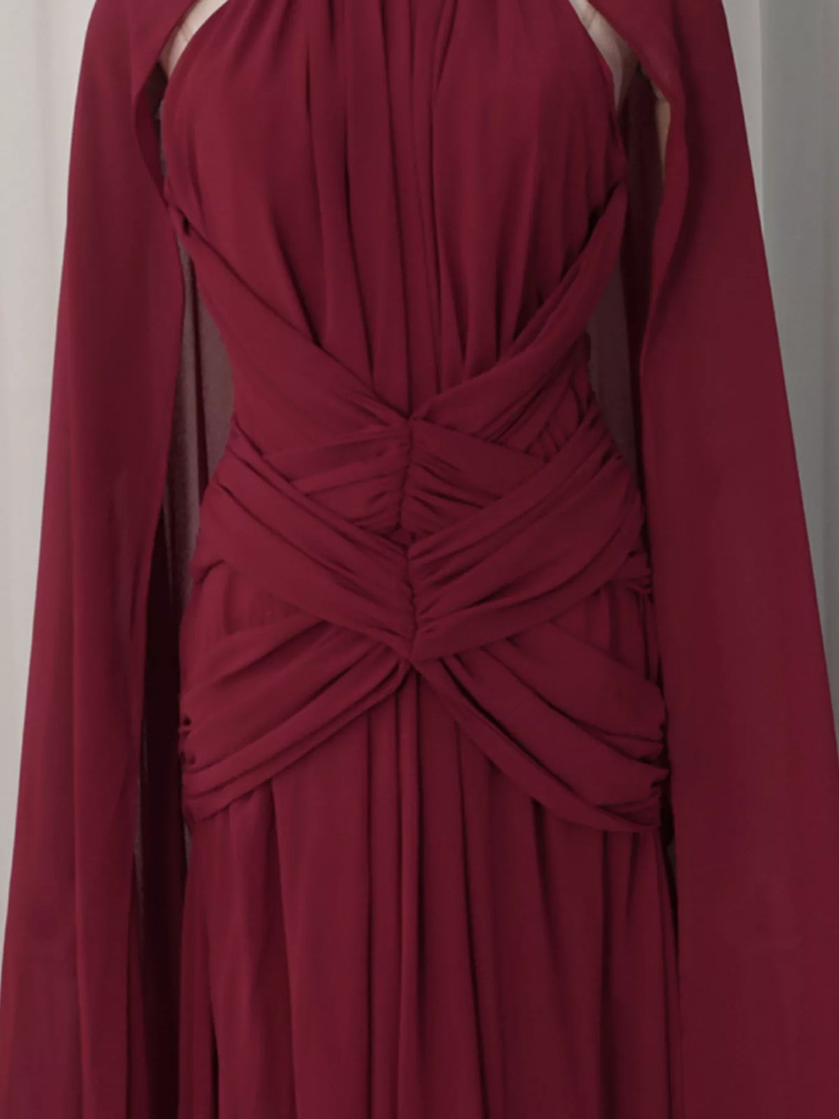 Ruched Halter Neck Cape Maxi Dress in Red