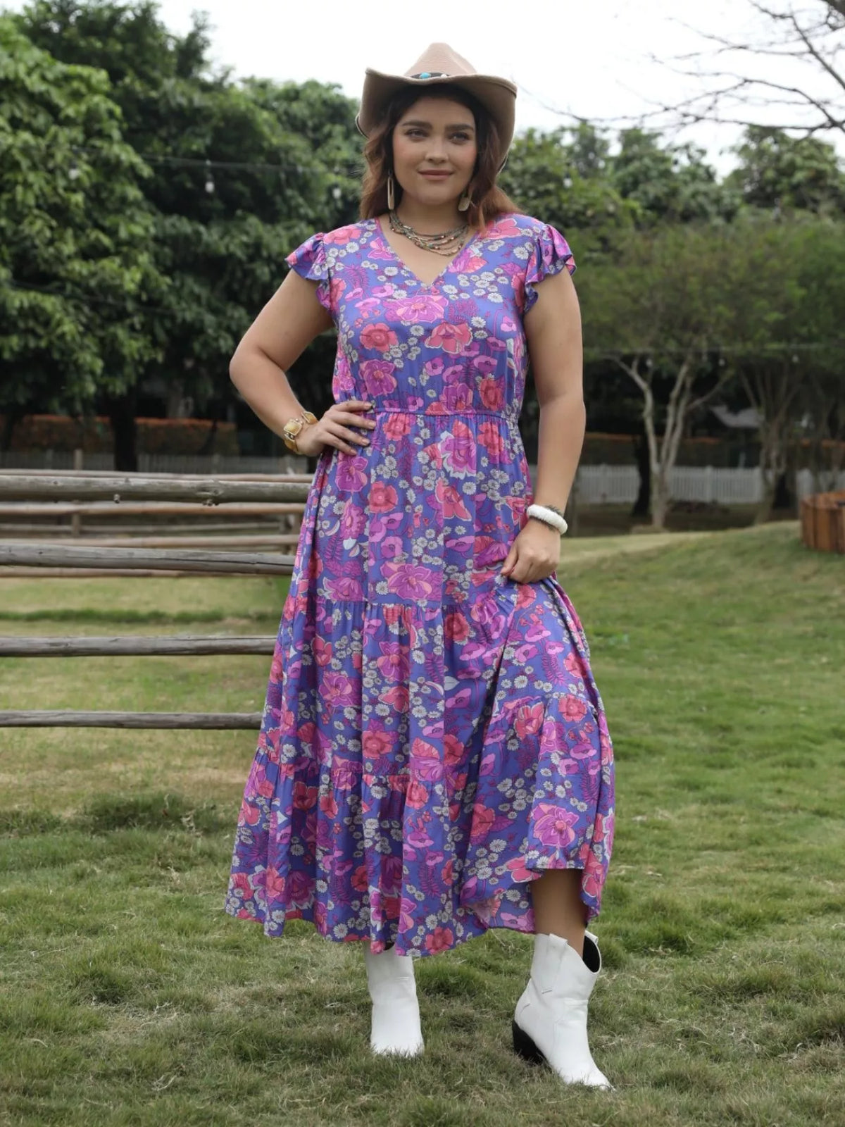 Floral Print Tiered Maxi Dress in Vivid Violet