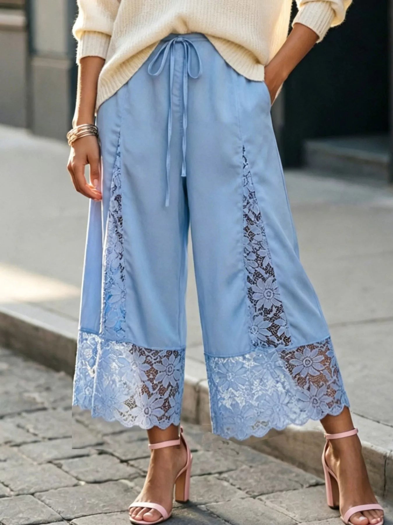 Lace-Trim Wide-Leg Cropped Pants