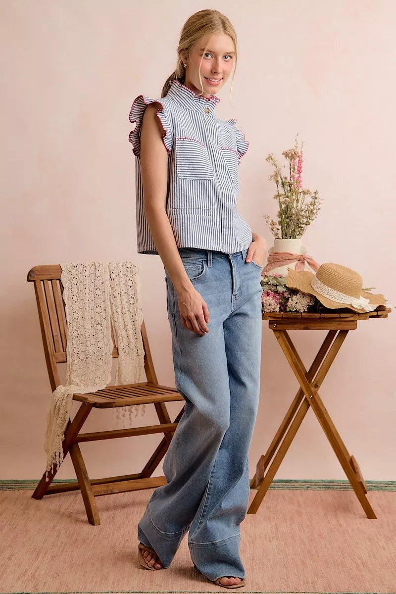 So Me Striped Ruffled Vest Top in Blue and Red in Blue/Red