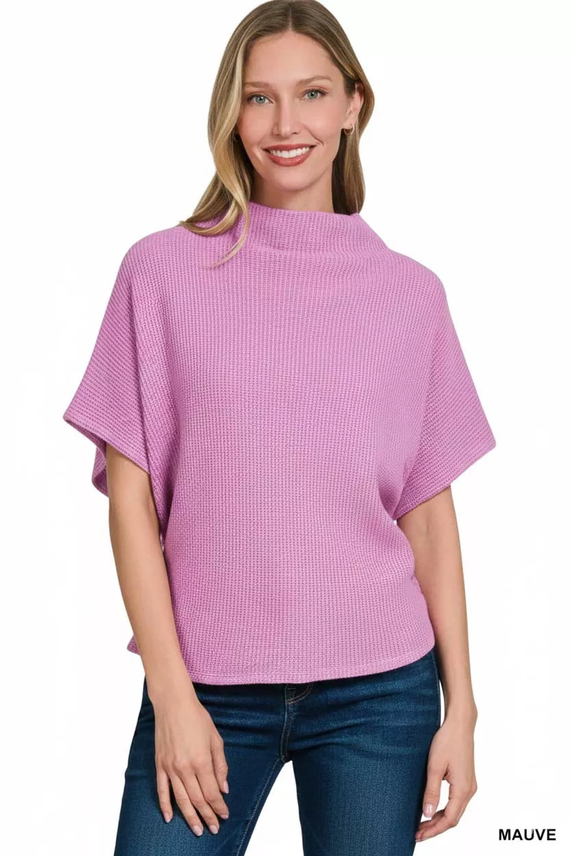 Zenana Mock Neck Sweater with Side Shirring in Mauve