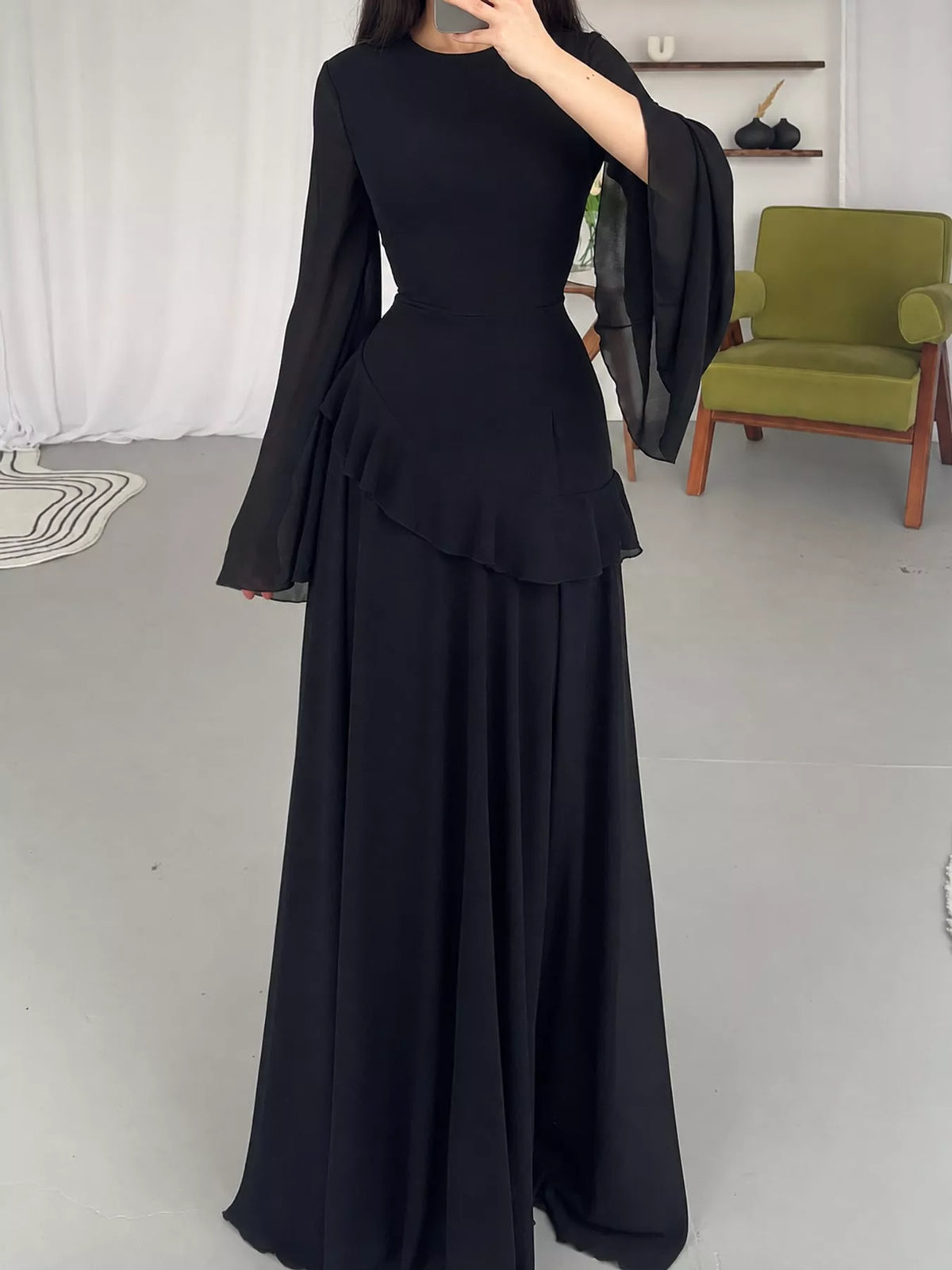 Ruffled Flare Sleeve Maxi Dress