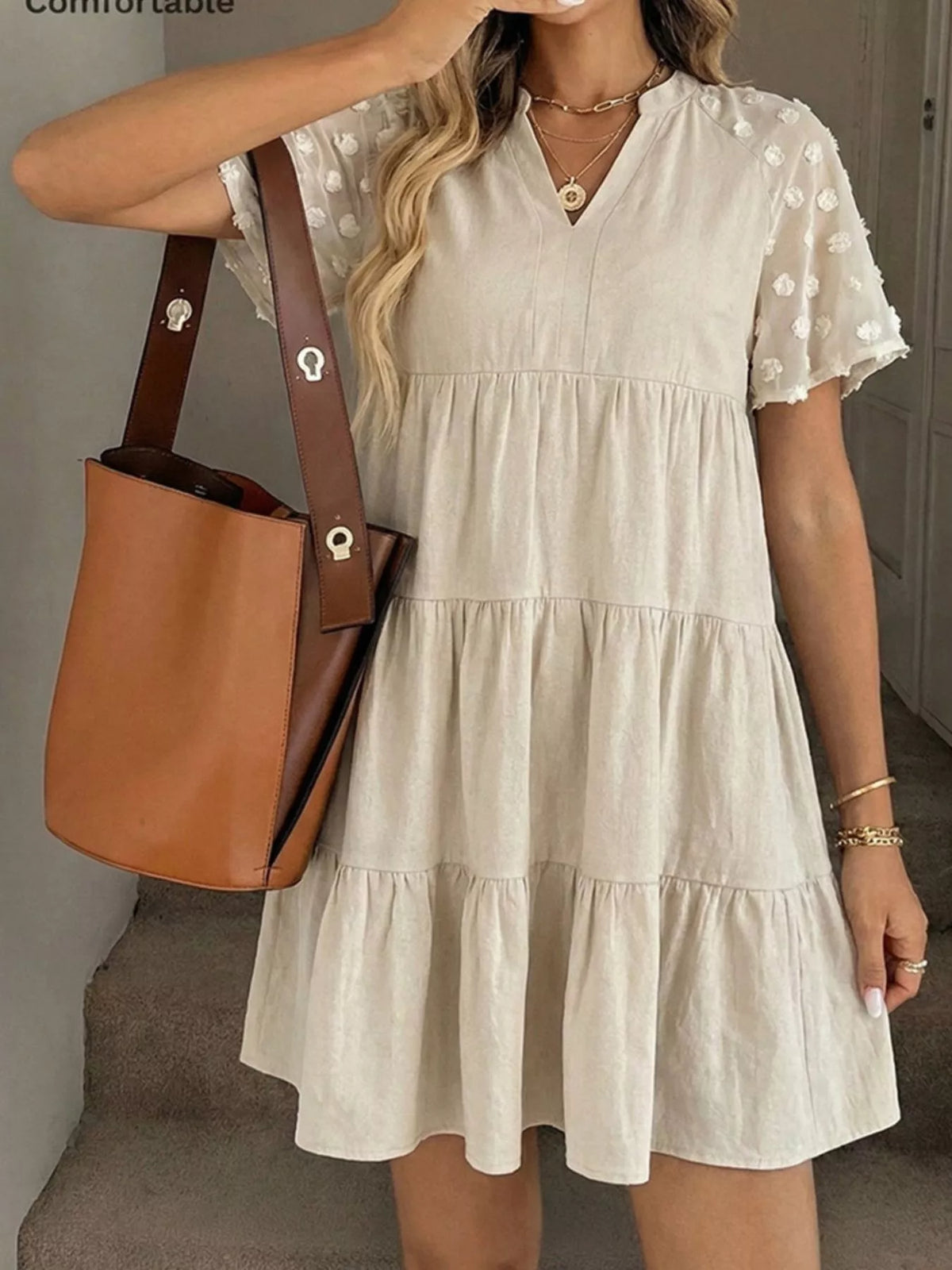 Swiss Dot Tiered Mini Dress in Apricot