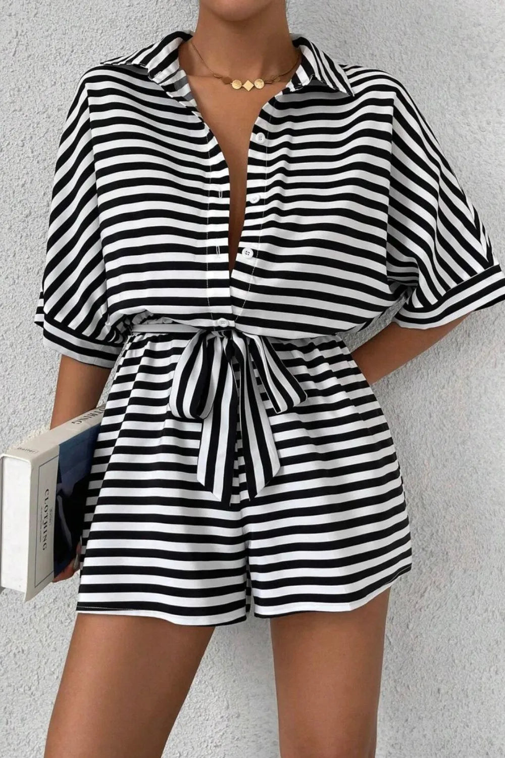 Striped Collared Tie Waist Romper