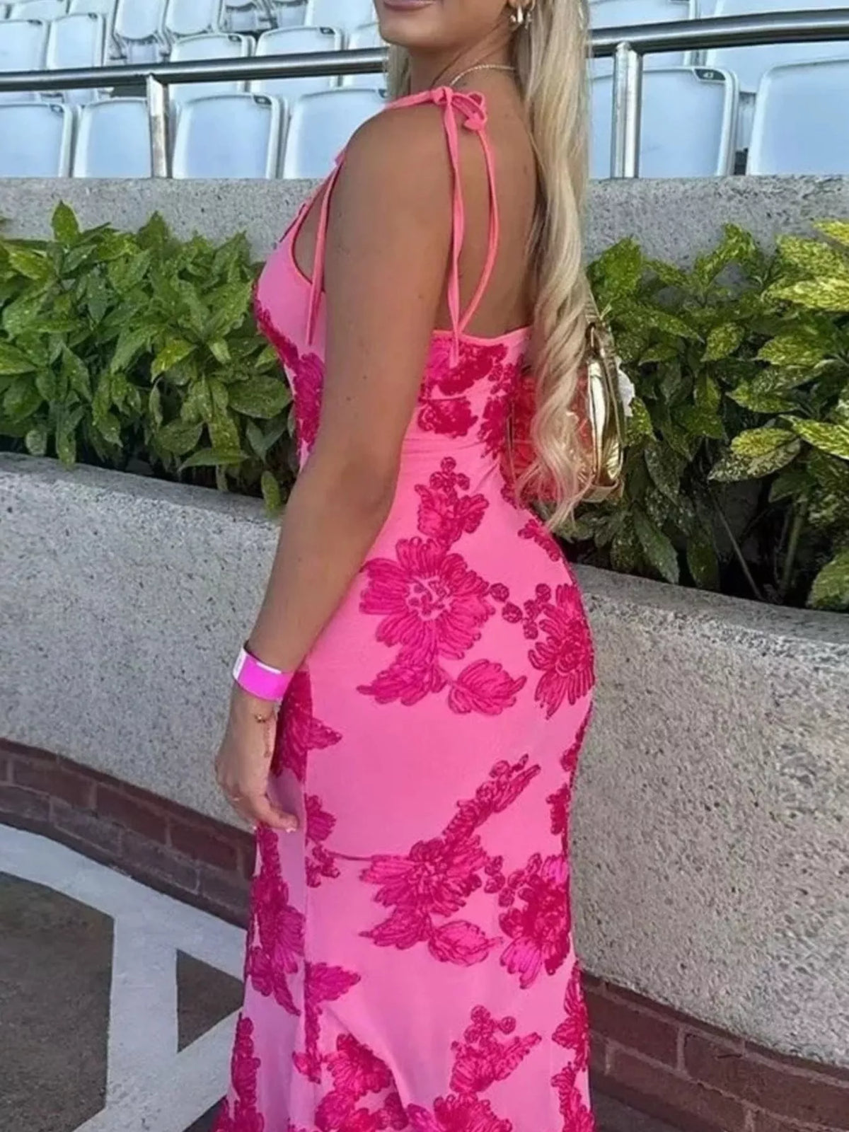 Floral Tie Shoulder Maxi Dress in Hot Pink