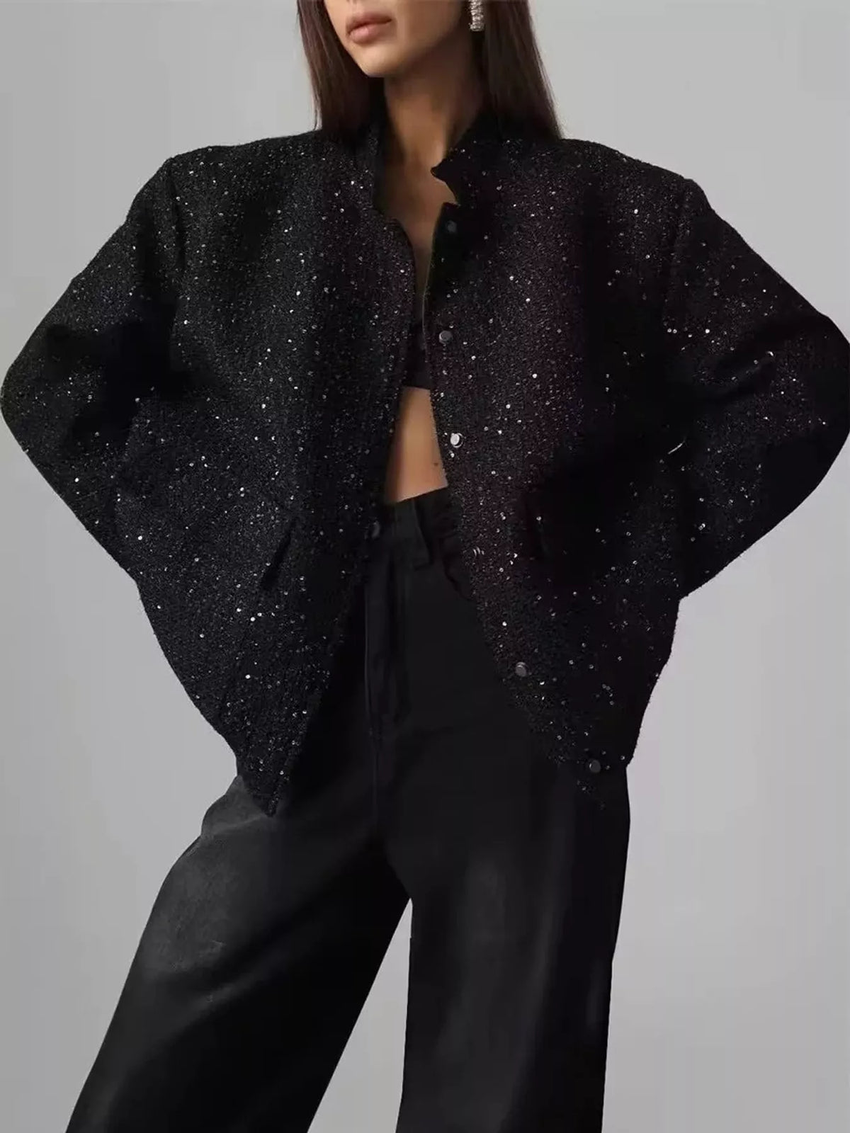 Tweed Bomber Jacket with Sequin Detail
