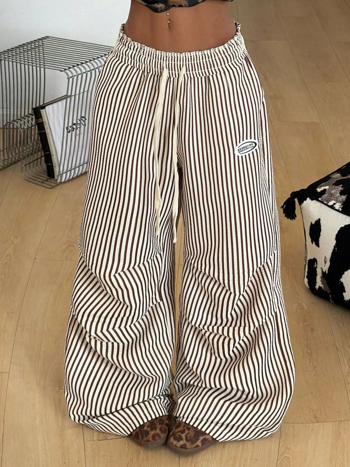 High-Waisted Striped Wide-Leg Cargo Pants in Khaki