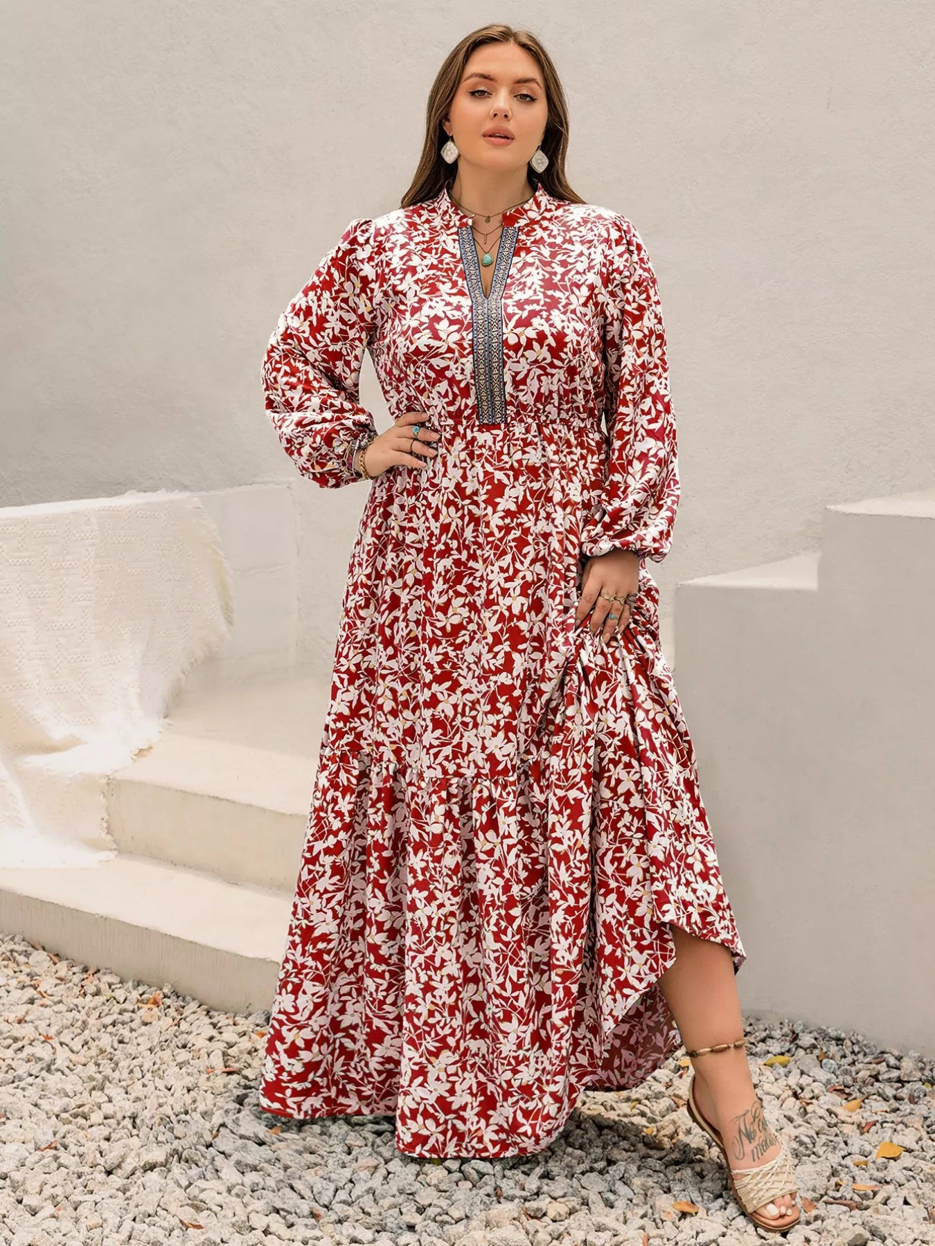 Floral Print Long Sleeve Maxi Dress in Deep Red