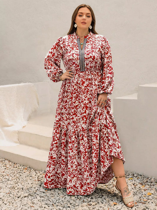 Floral Print Long Sleeve Maxi Dress in Deep Red