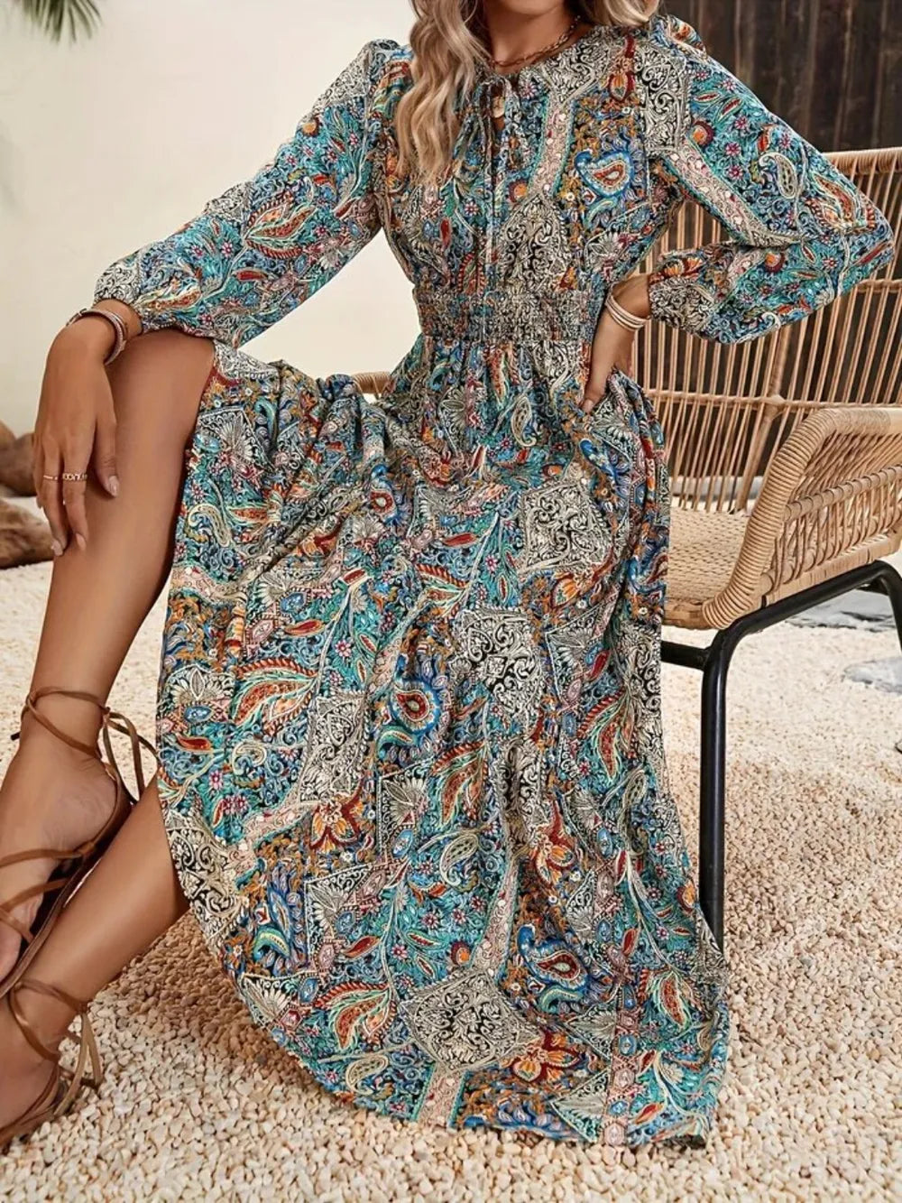 Tie Neck Maxi Dress in Air Force Blue