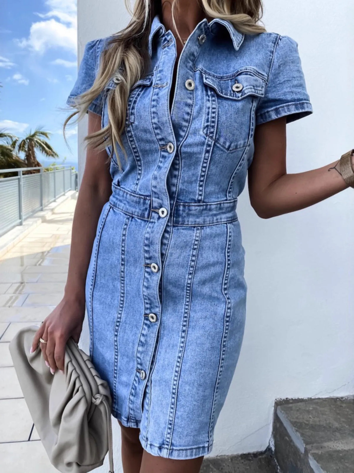 Button-Front Short-Sleeve Denim Dress in Medium