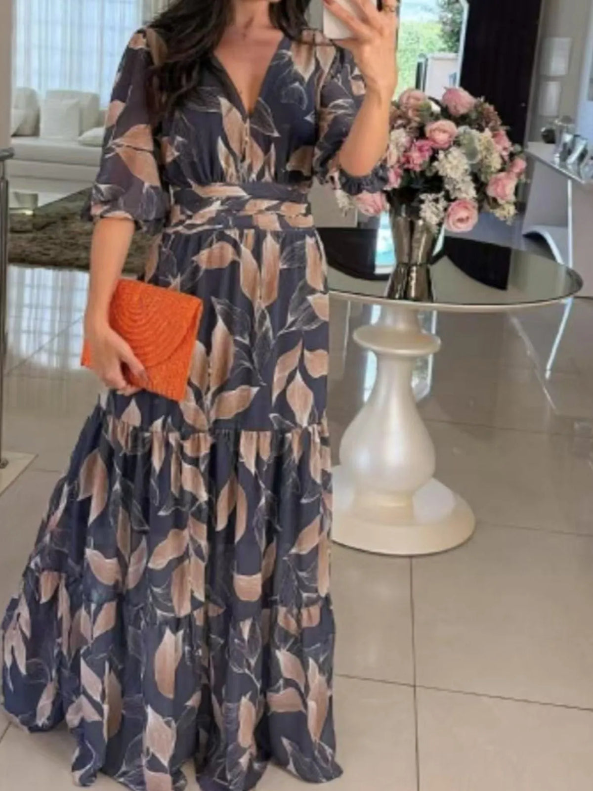 Printed V-Neck Tiered Hem Maxi Dress