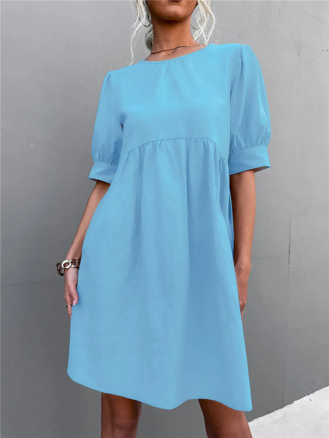 Round Neck Puff Sleeve Mini Dress in Pastel Blue in Pastel  Blue