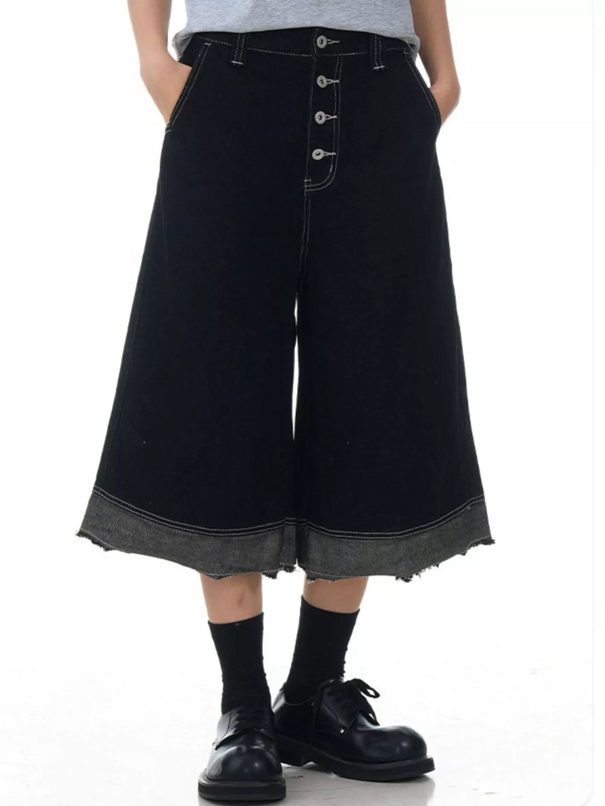 Wide Leg Denim Capris in Black by Firm Stand