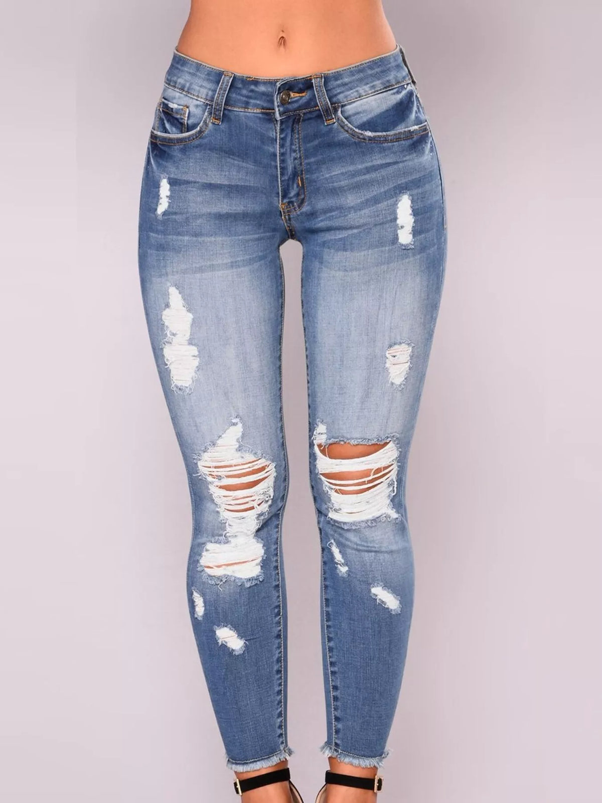 Distressed Skinny Jeans with Whisker Fading by Dreamy Drapes