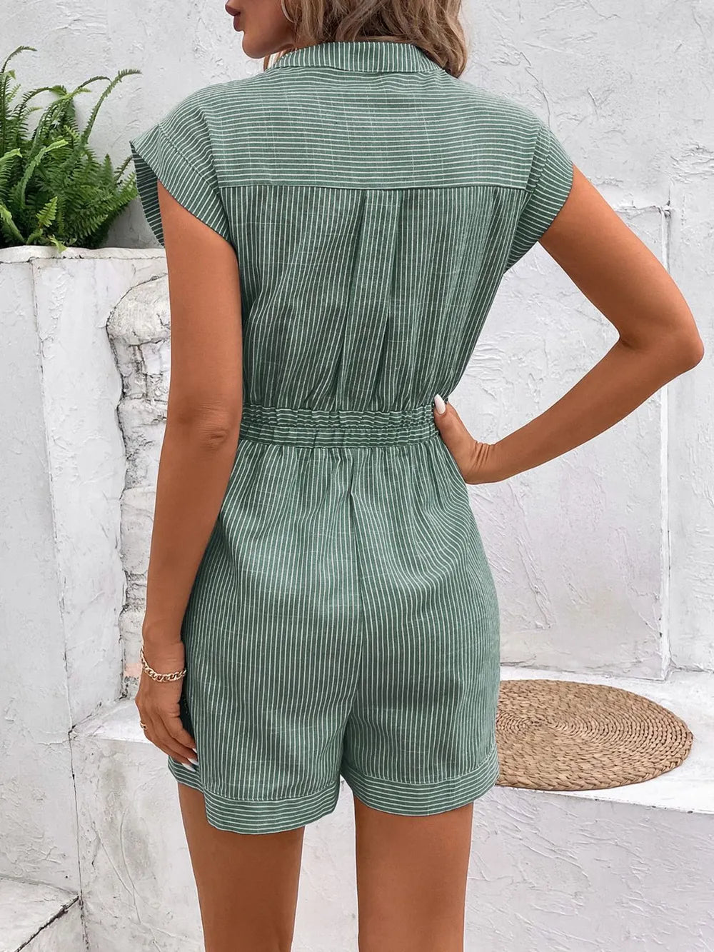Notched Collar Striped Tie-Waist Romper