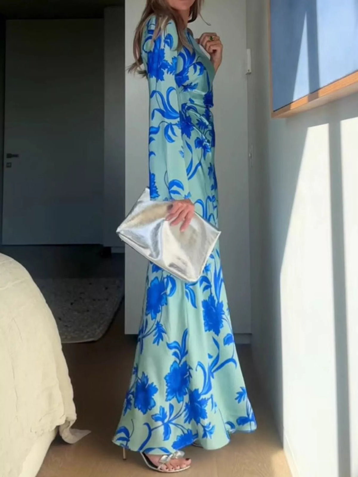 Floral One-Shoulder Maxi Dress in Sky Blue