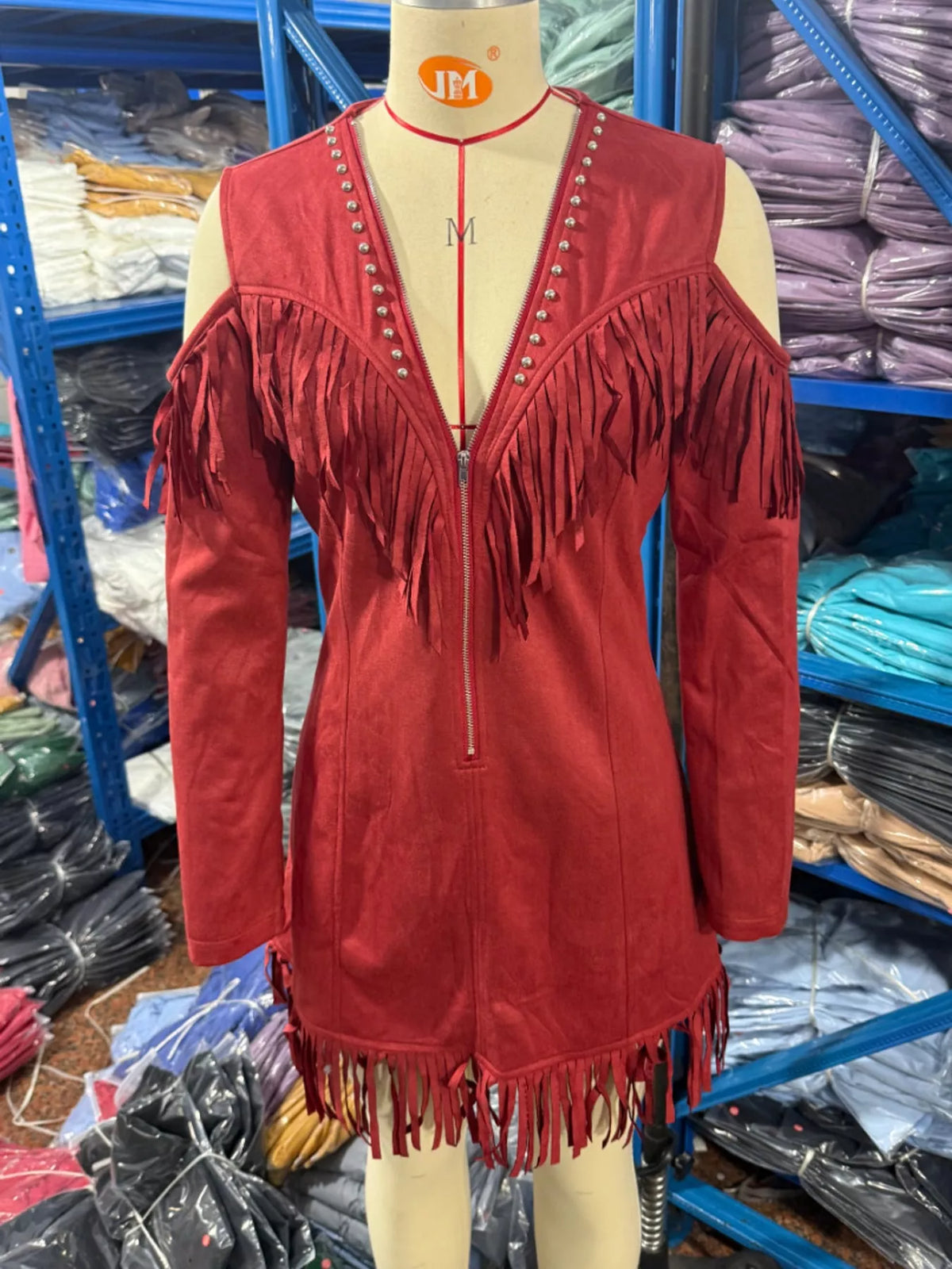 Fringed Cold-Shoulder Zip-Front Mini Dress