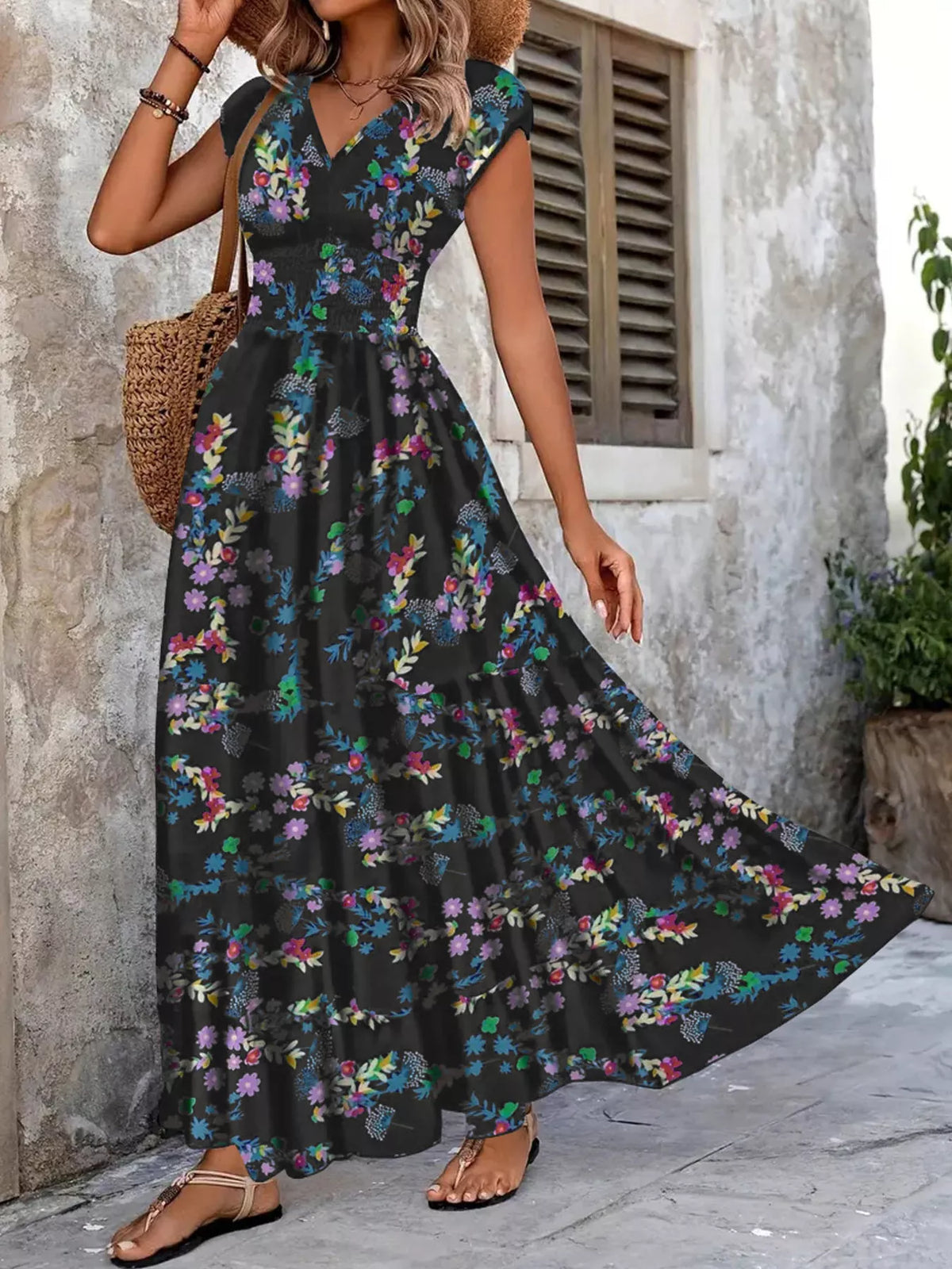 Floral V-Neck Cap Sleeve Maxi Dress