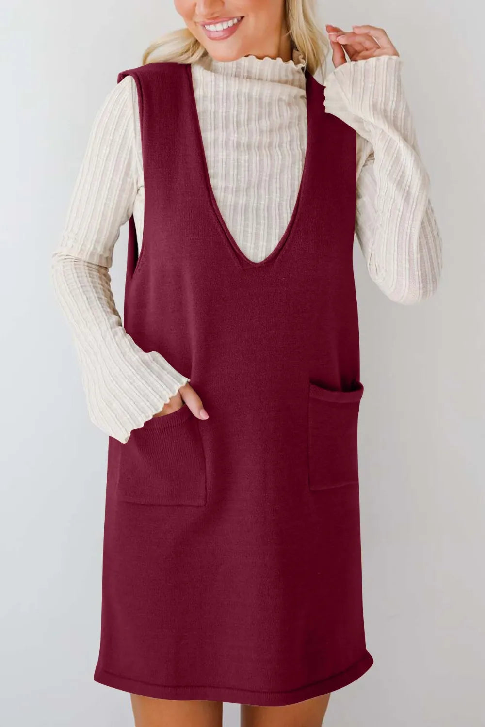 Pocketed V-Neck Sweater Overall Dress