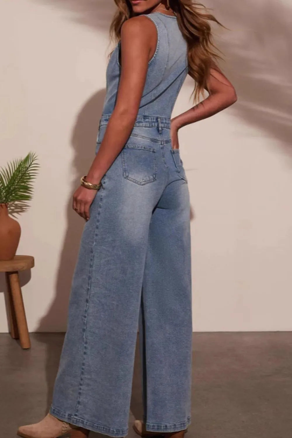 V-Neck Wide Leg Denim Jumpsuit in Medium Wash