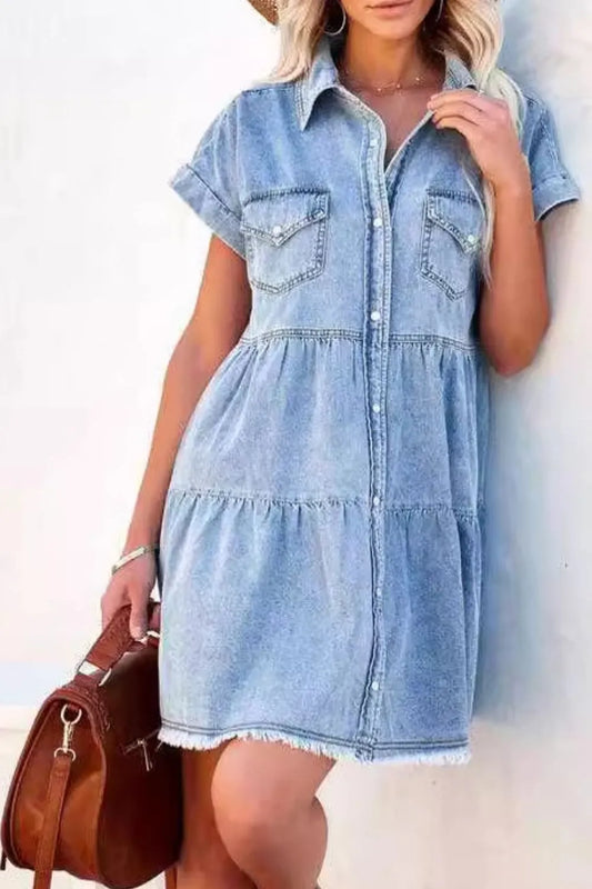 Raw-Hem Button-Down Denim Mini Dress in Light Blue