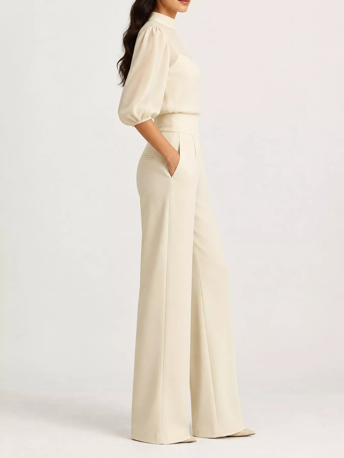 Mock Neck Puff Sleeve Top and Wide Leg Pants Set
