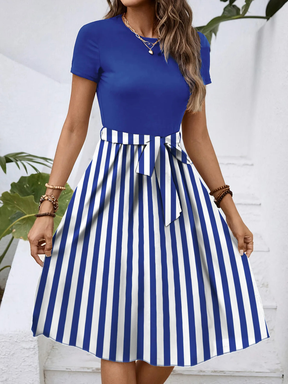 Striped Round-Neck Tie-Detail Dress by Classic Comfort