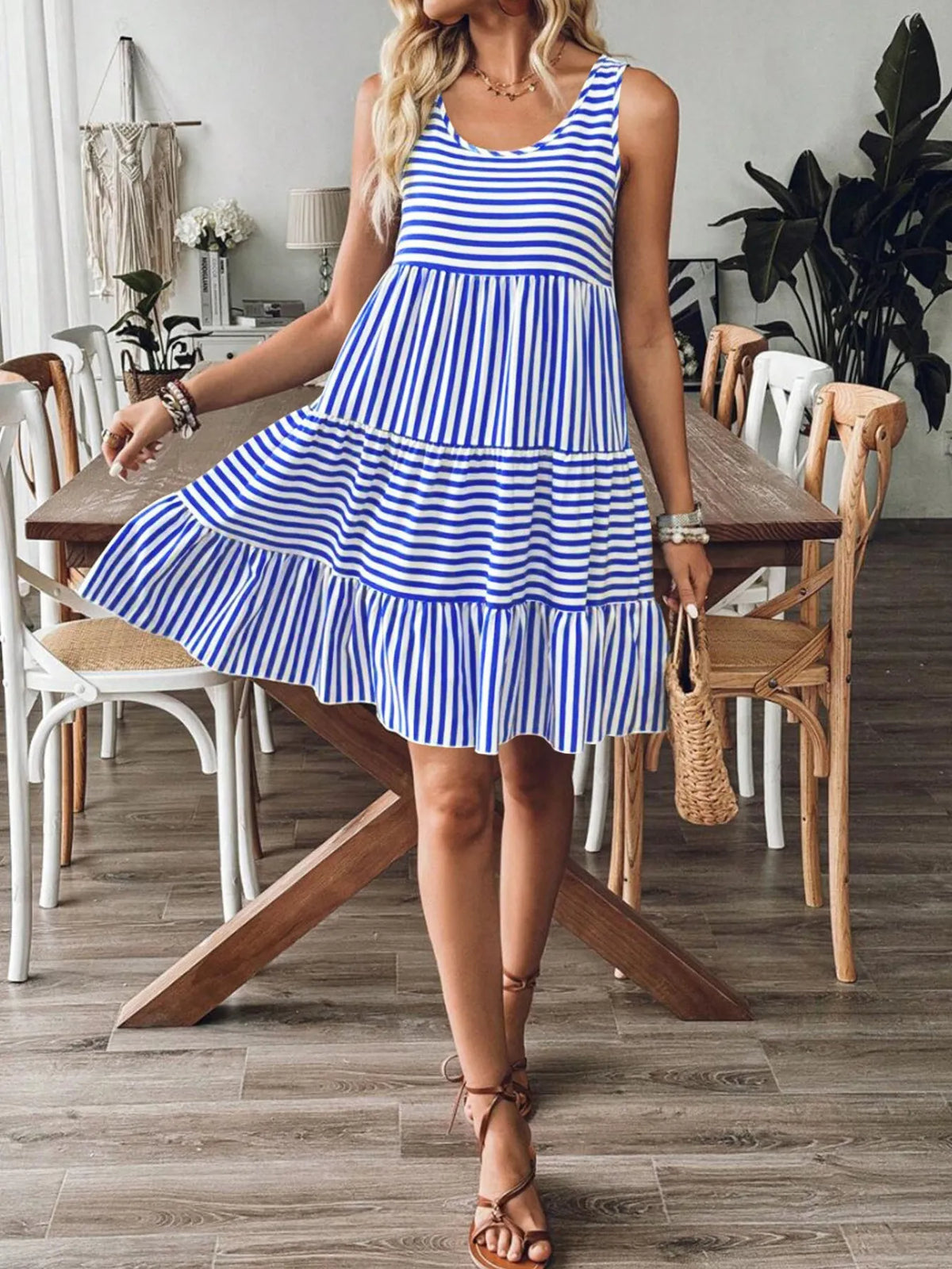 Striped Tiered Ruffle Tank Dress in Blue