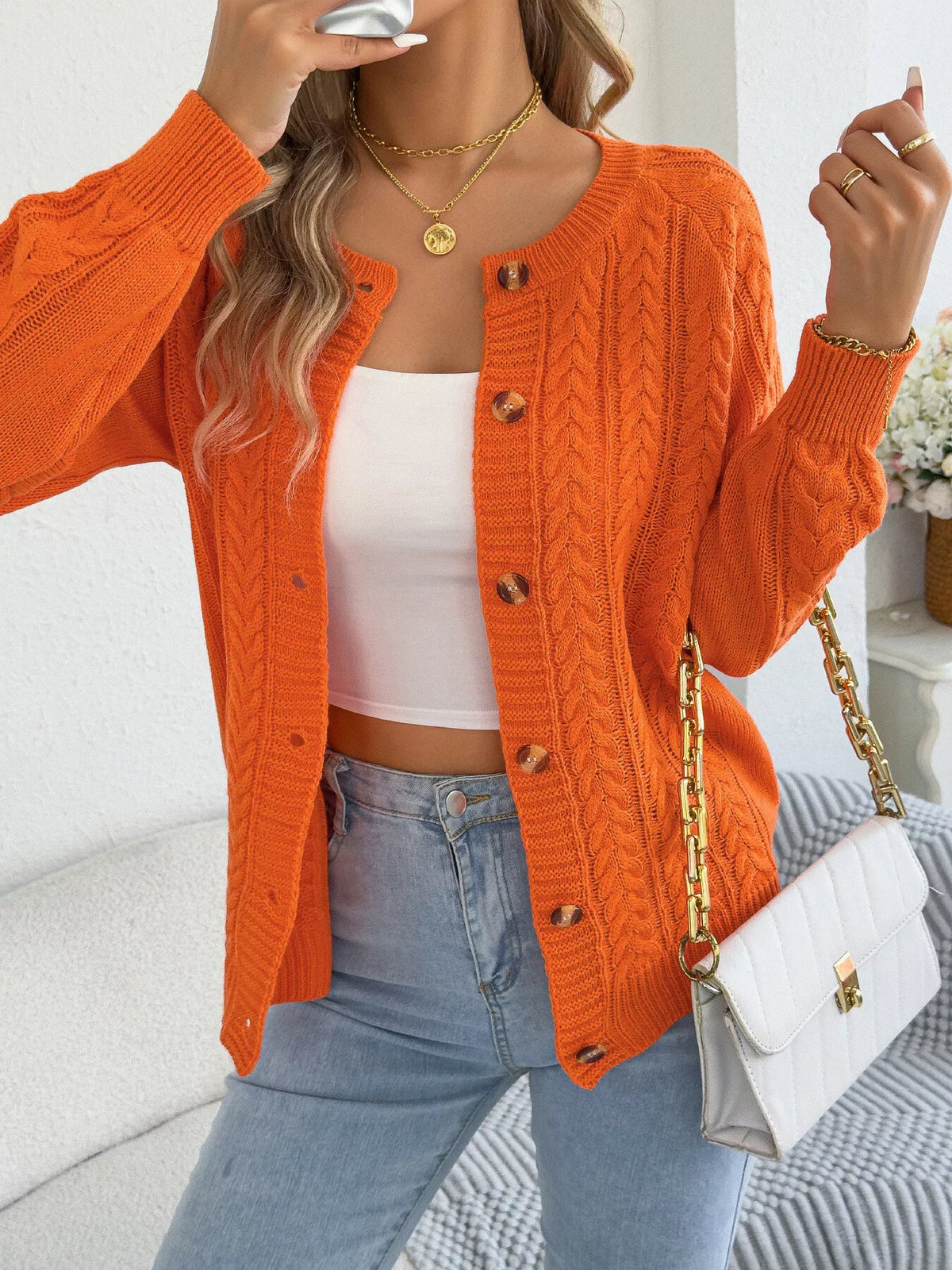 Cable-Knit Button-Front Cardigan by Clise
