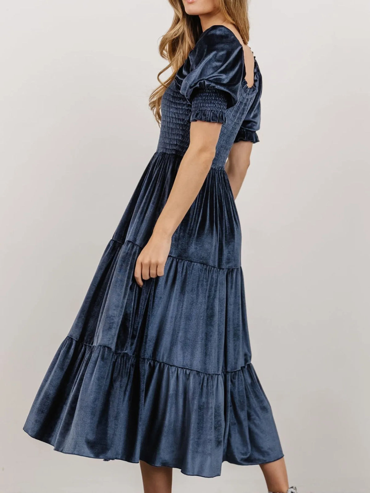 Smocked Half-Sleeve Tiered Midi Dress