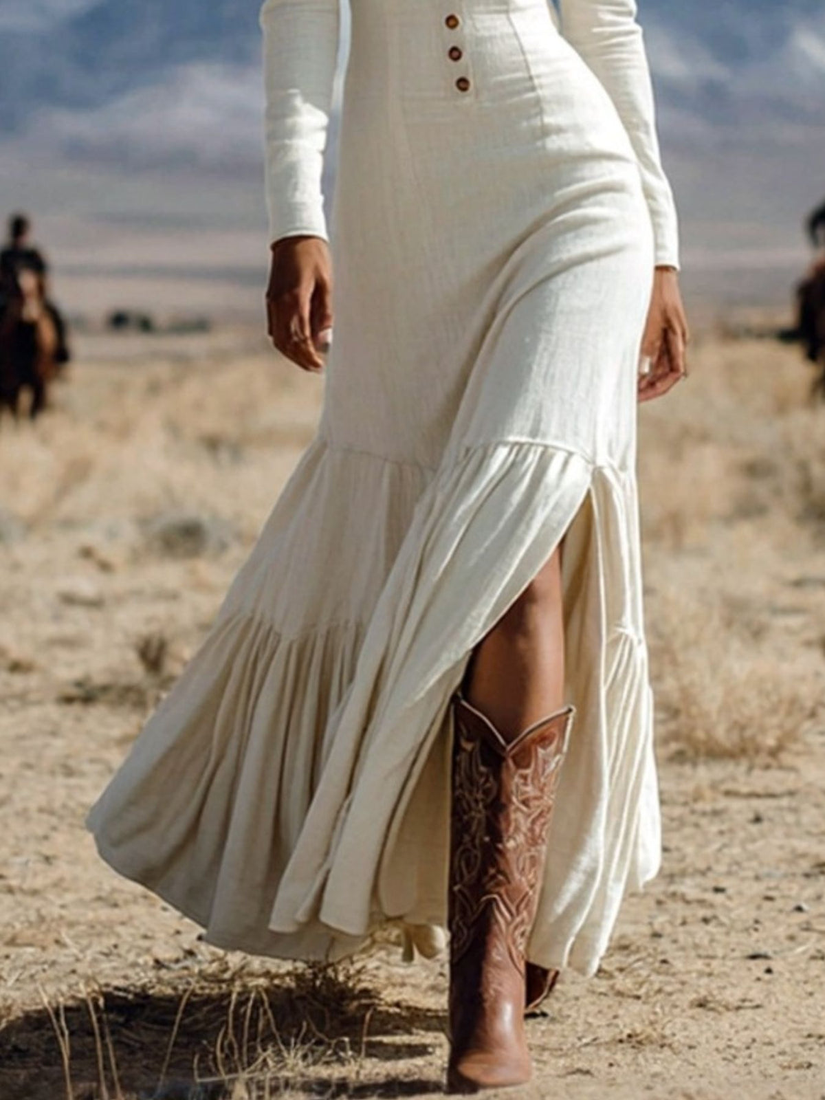 Slit Long Sleeve Tiered Maxi Dress