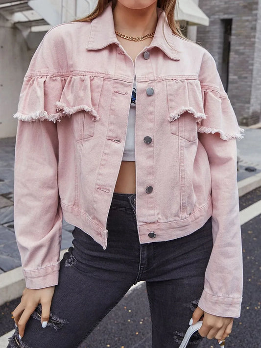 Ruffled Long Sleeve Denim Top in Blush Pink