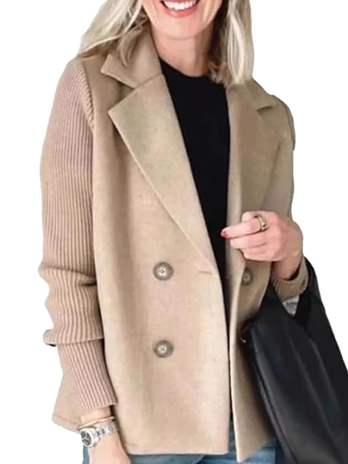 Double-Breasted Hybrid Blazer with Ribbed Knit Sleeves