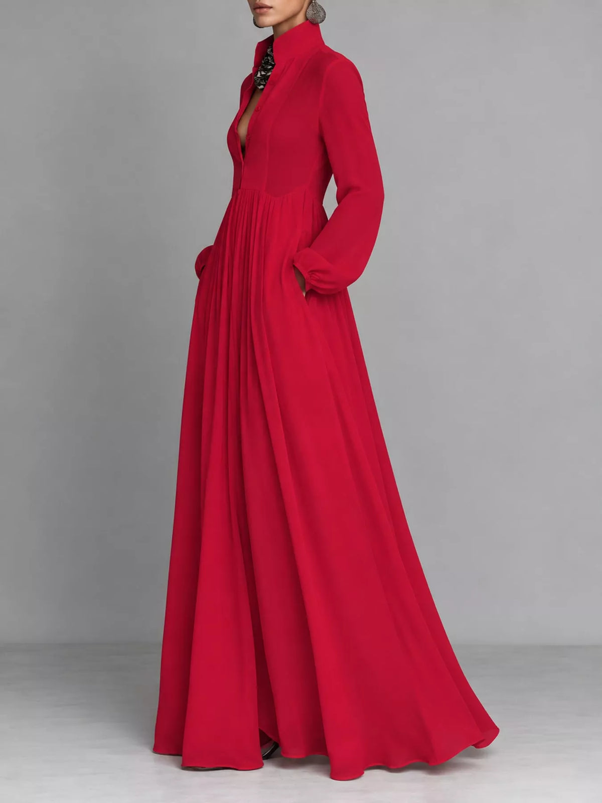 Long-Sleeve Button Front Maxi Dress