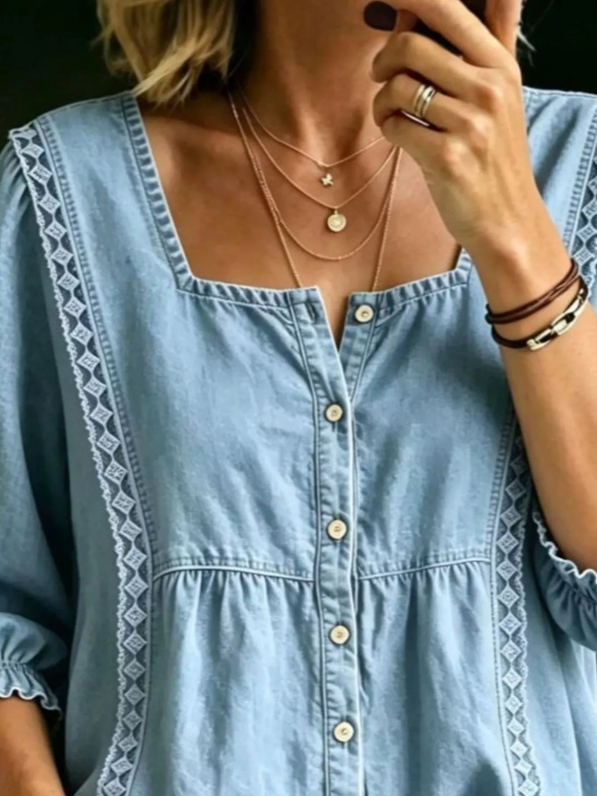 Square Neck Button-Down Denim Shirt