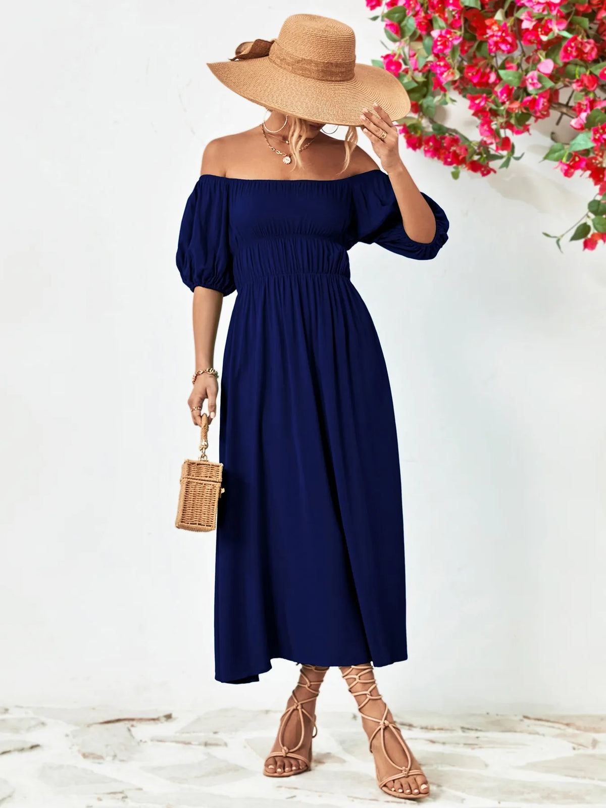 Off-Shoulder Puff-Sleeve Smocked Maxi Dress