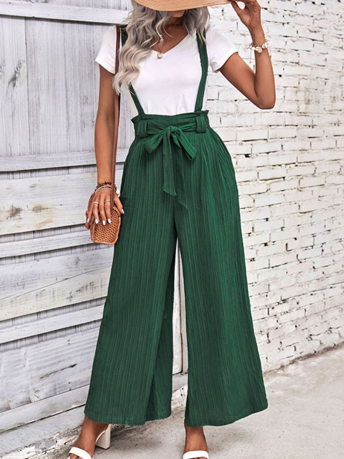 Tie Belt Wide Leg Overalls in Dark Green