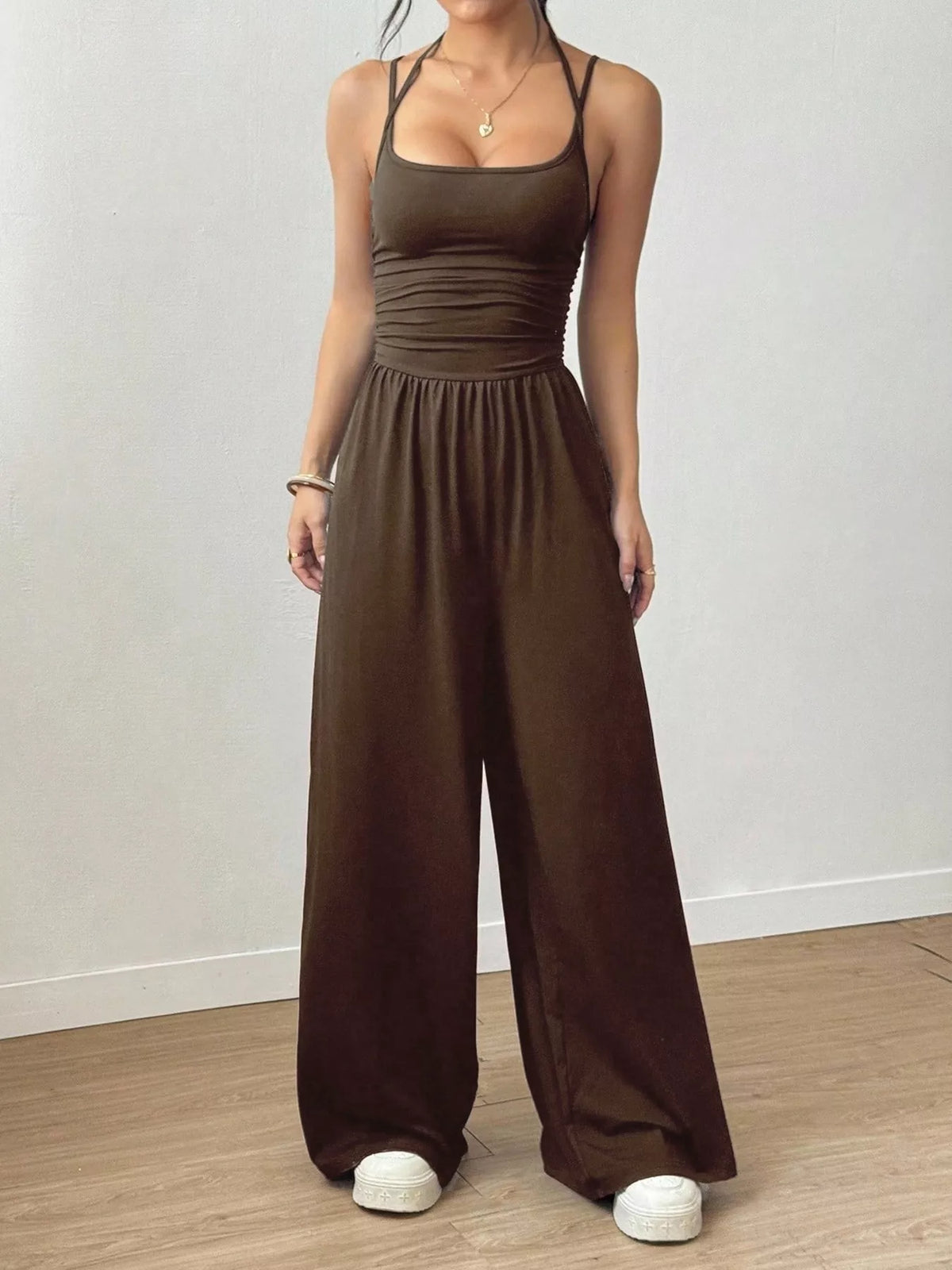 Ruched Spaghetti Strap Wide Leg Jumpsuit
