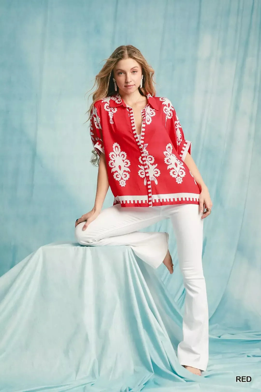 Umgee Abstract Print Button-Down Shirt in Cherry Red