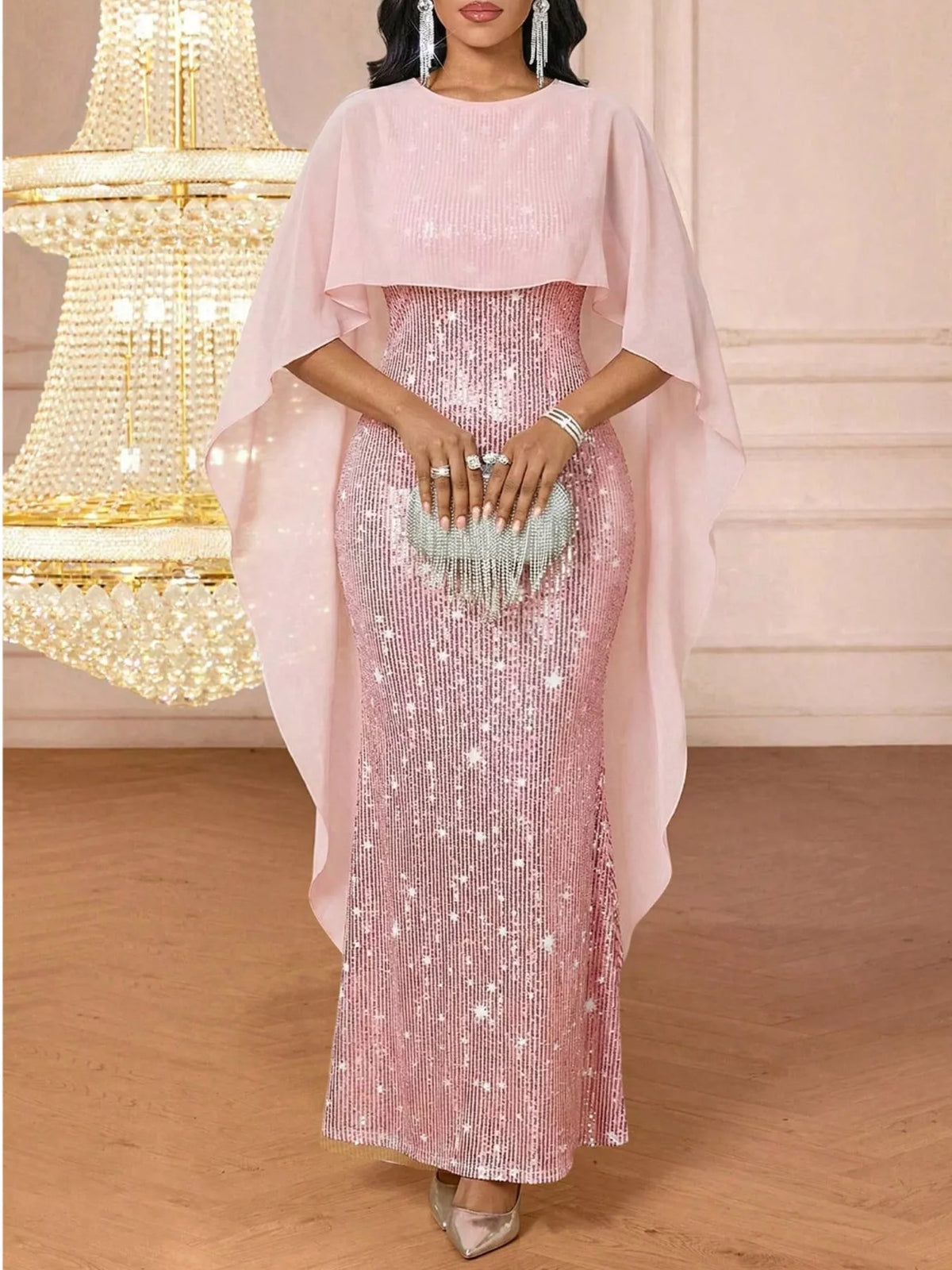Sequin Cape-Overlay Evening Dress