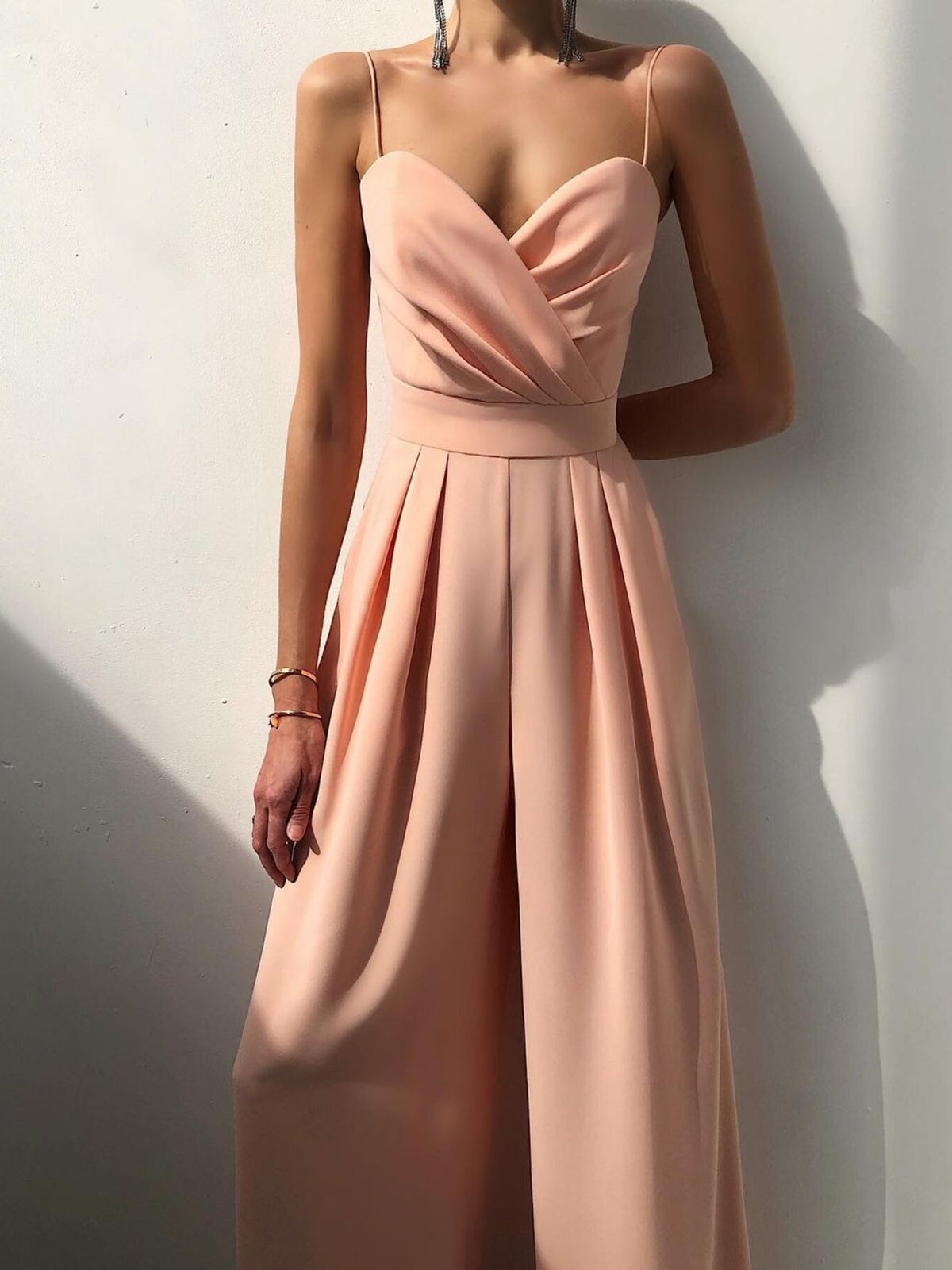 Ruched Wide Leg Jumpsuit with Spaghetti Straps