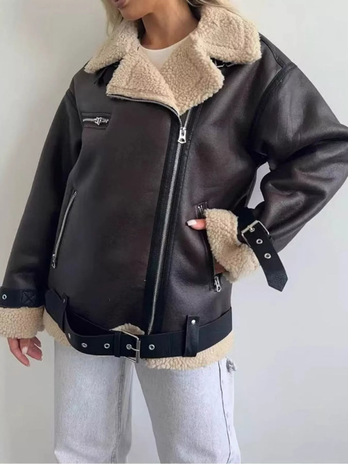 Faux Leather Zip-Up Jacket in Dark Brown