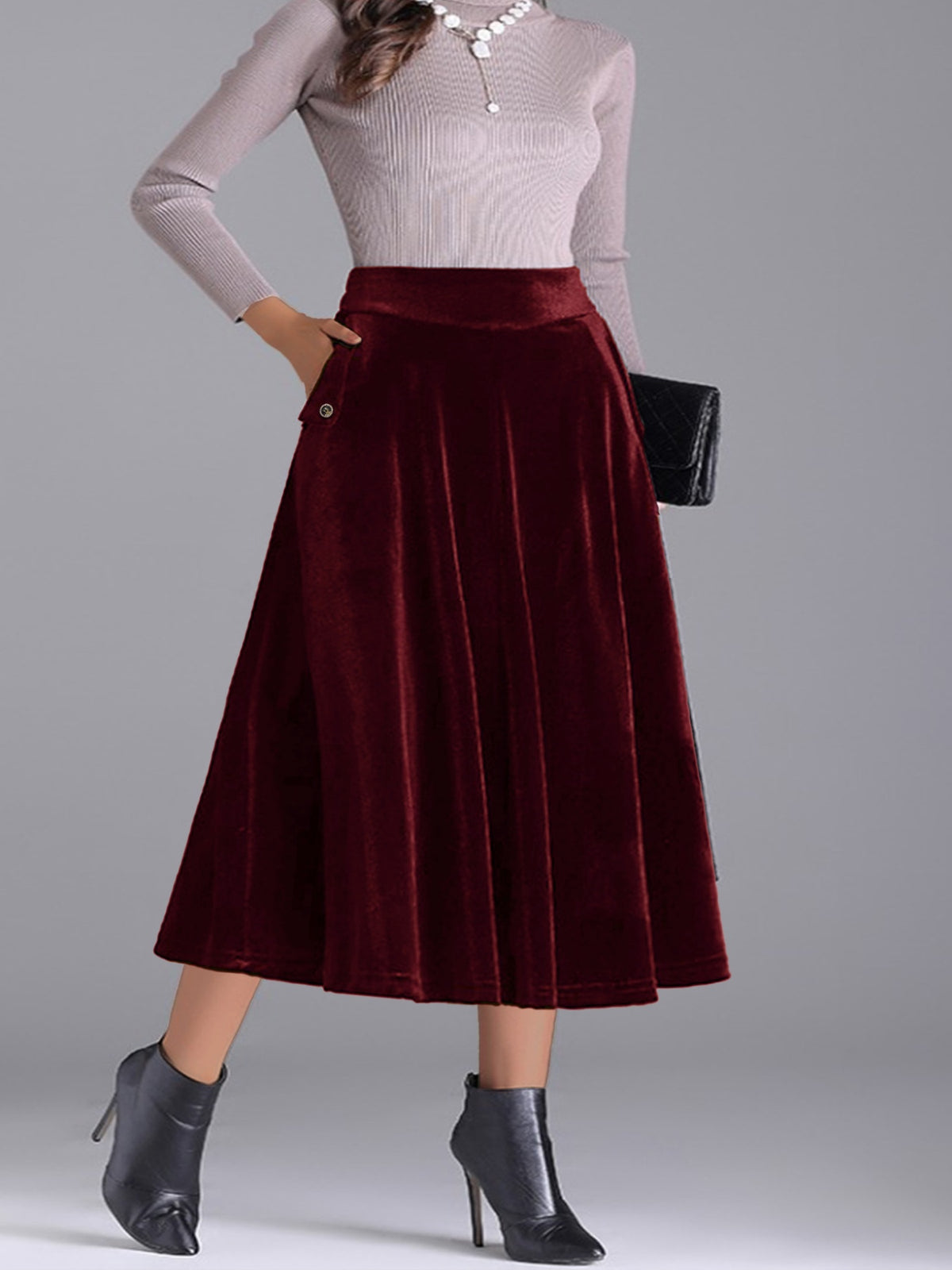 Plus Size Velvet A-Line Midi Skirt