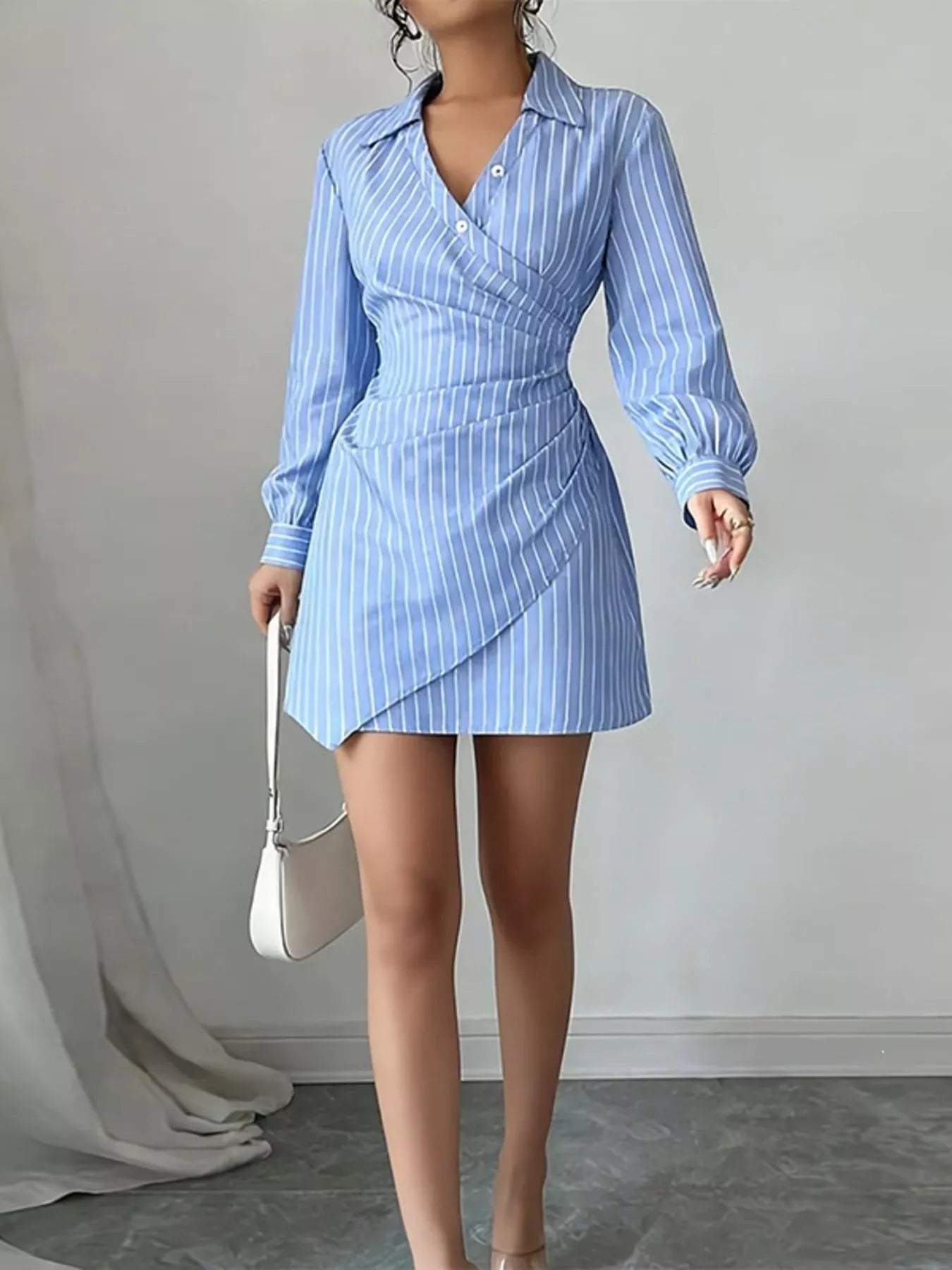 Striped Long Sleeve Shirt Dress in Blue