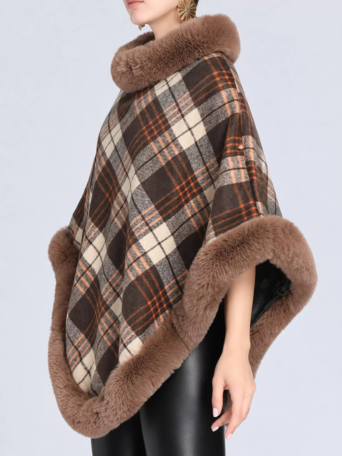Plaid Faux Fur Trim Poncho Cape