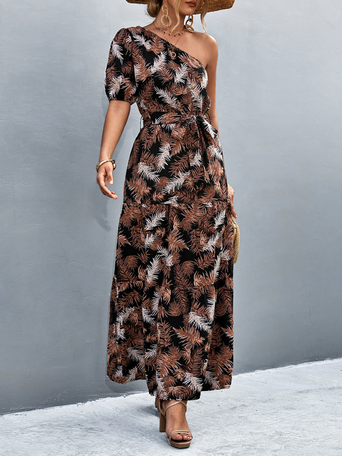 One-Shoulder Tie-Waist Maxi Dress