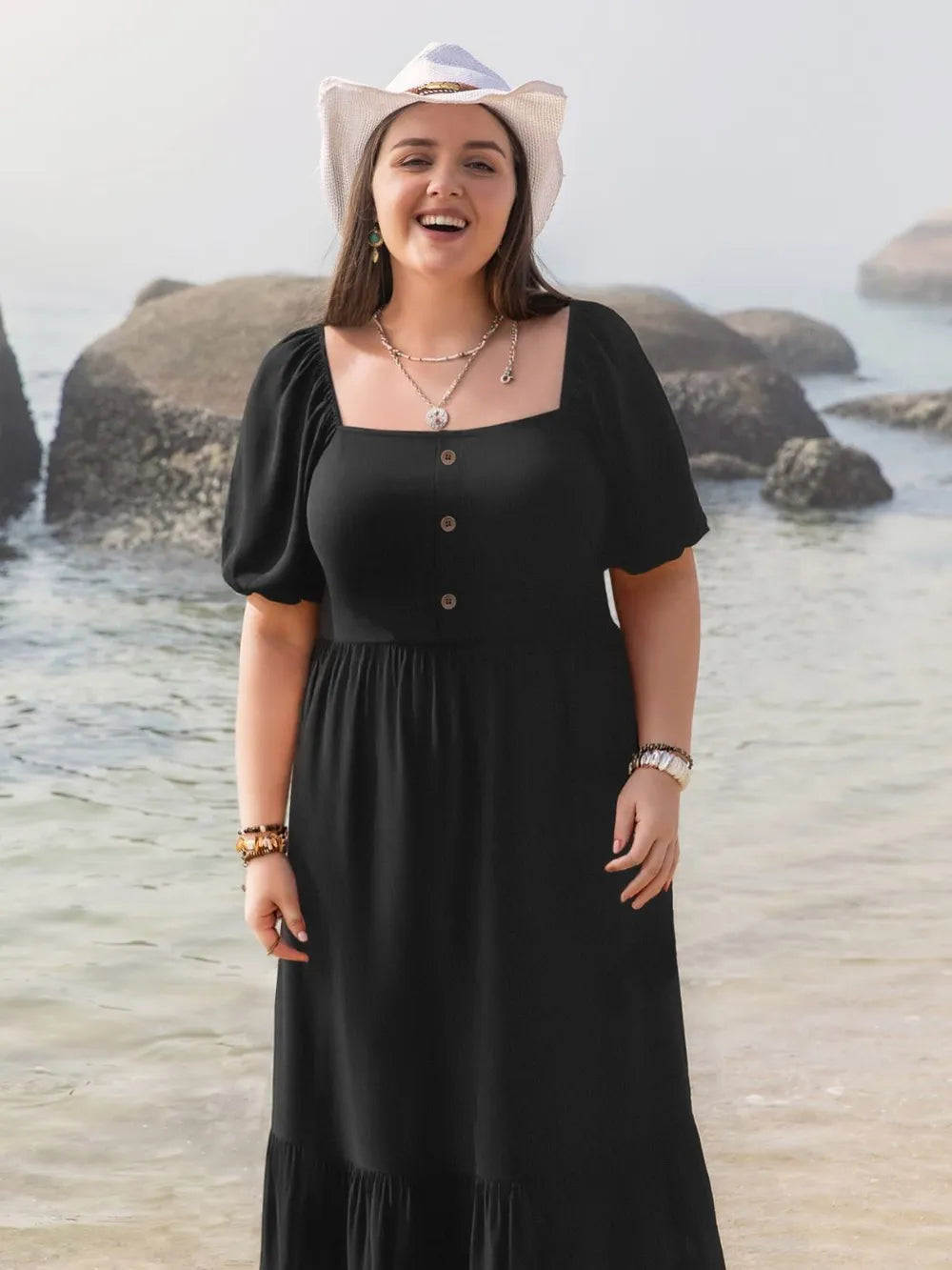 Ruffled Hem Square Neck Dress in Black