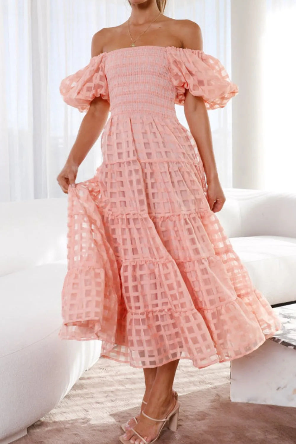Off Shoulder Puff Sleeve Midi Dress