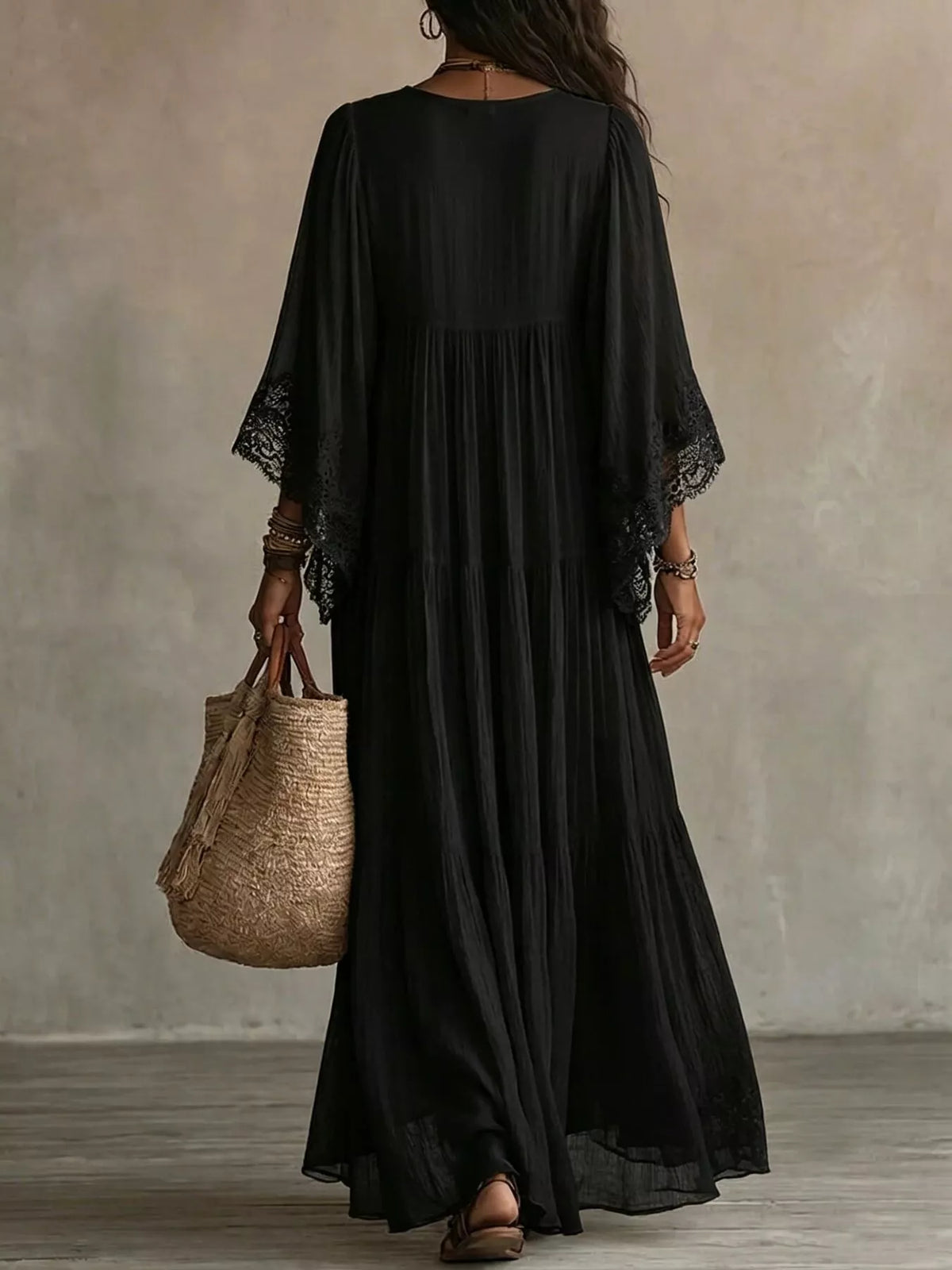 Lace Trim Tiered V-Neck Maxi Dress